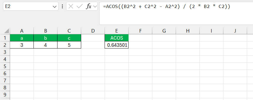 Inverse Cosine in Excel