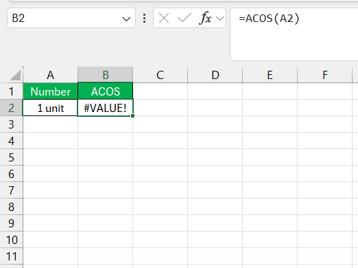 Inverse Cosine in Excel