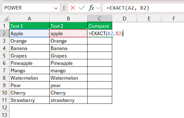 Compare Text in Excel