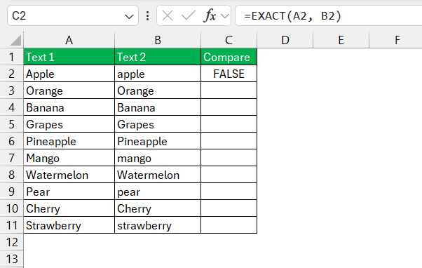 Compare Text in Excel