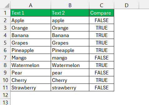 Compare Text in Excel