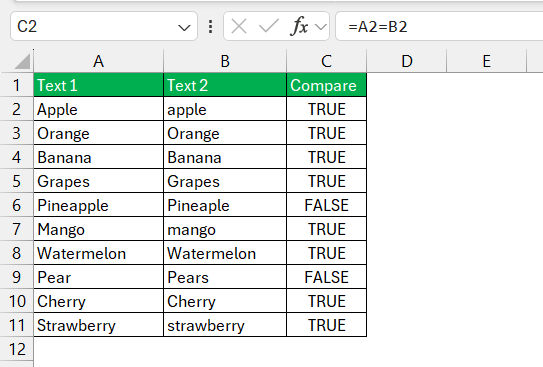 Compare Text in Excel