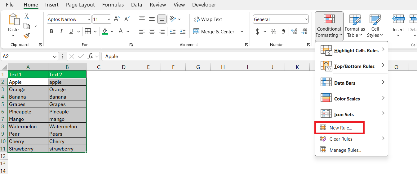 Compare Text in Excel