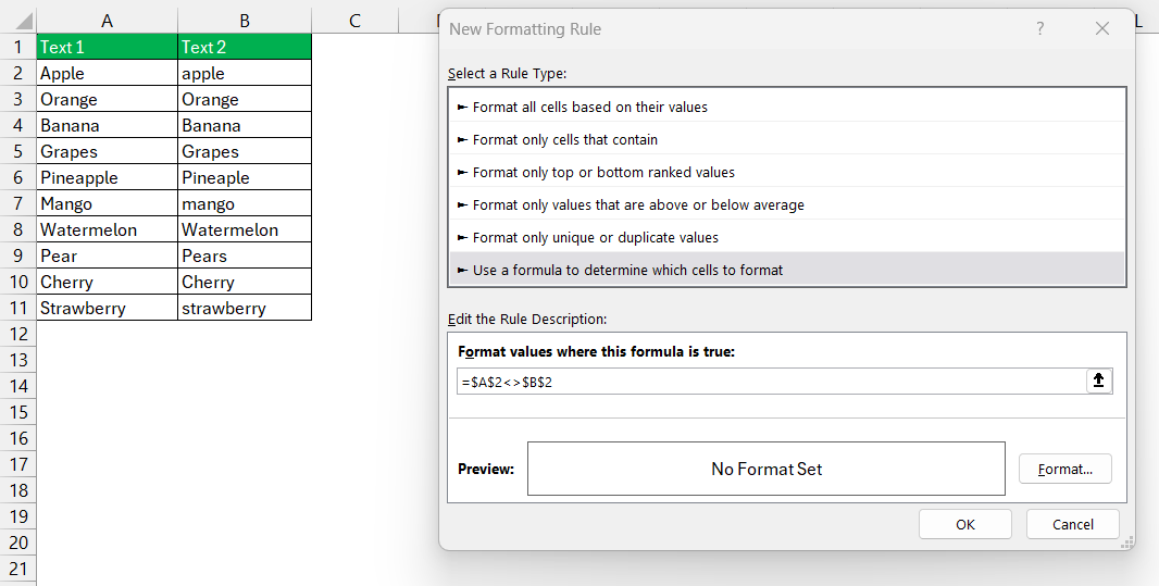 Compare Text in Excel