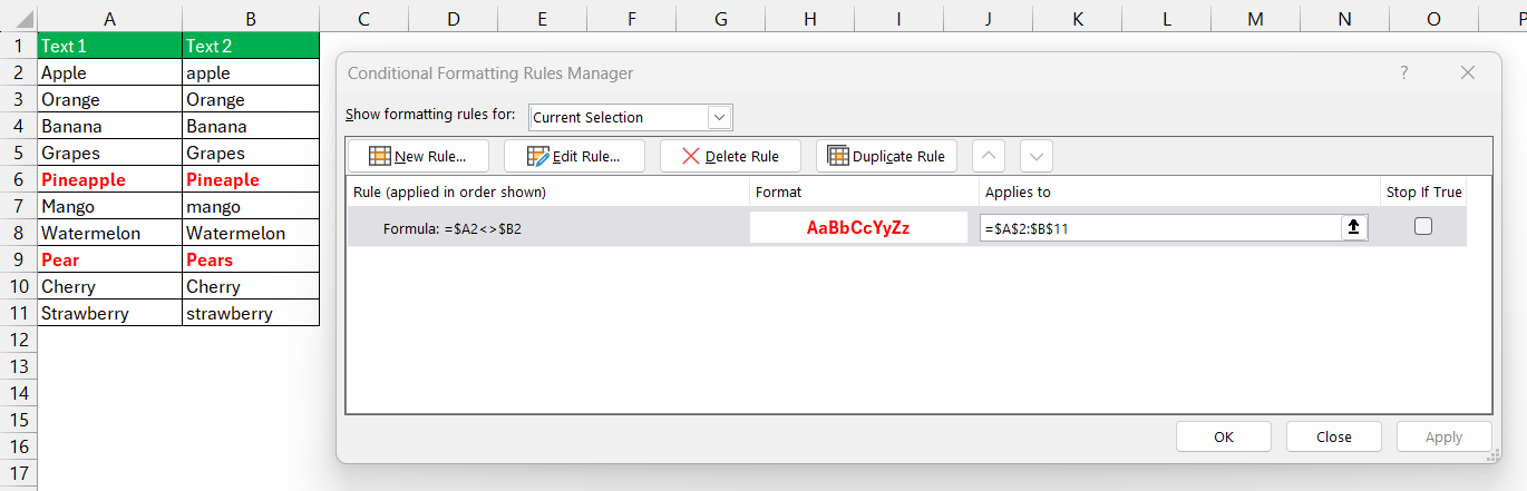 Compare Text in Excel