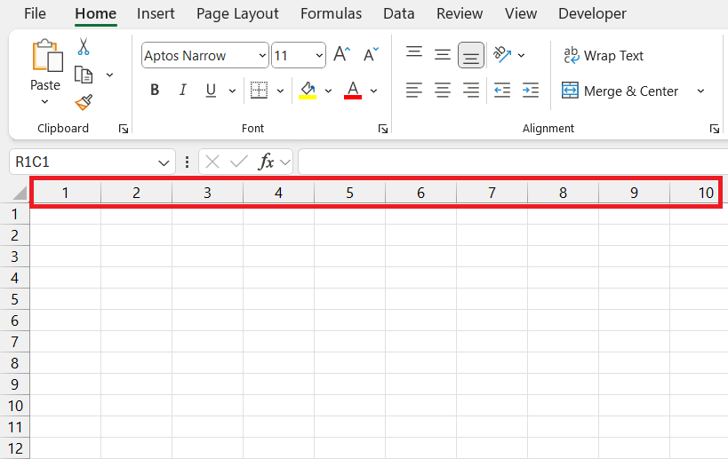 Excel Column Numbering