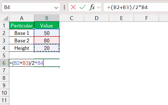 Area of a Trapezoid in Excel