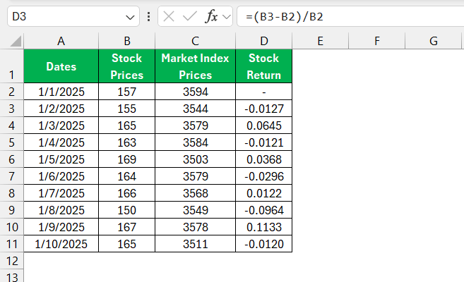 Beta formula in Excel