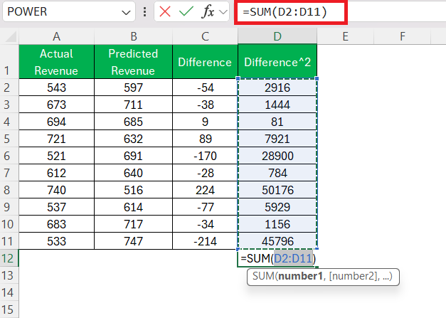 Residual Standard Error in Excel