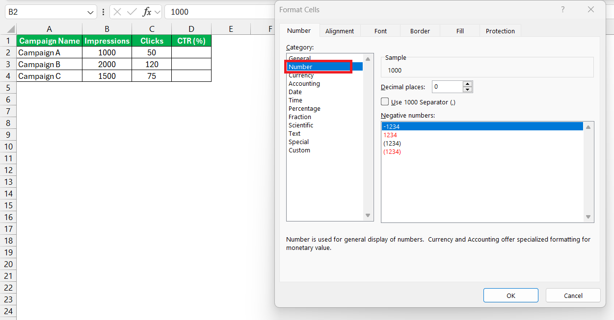 CTR Formula in Excel