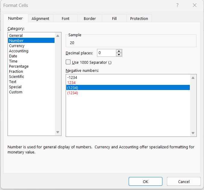 Negative Number in Excel