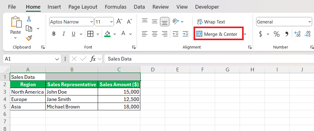 Merge and Center Shortcut in Excel