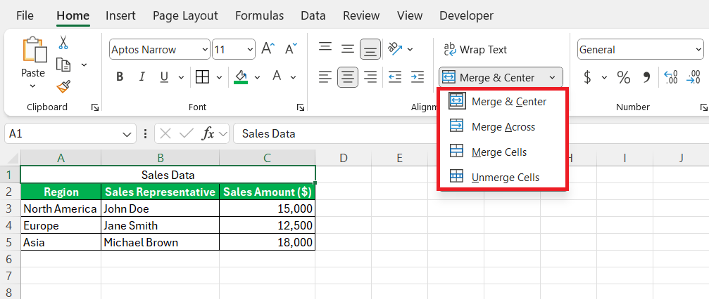 Merge and Center Shortcut in Excel