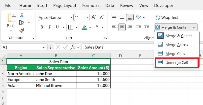 Merge and Center Shortcut in Excel