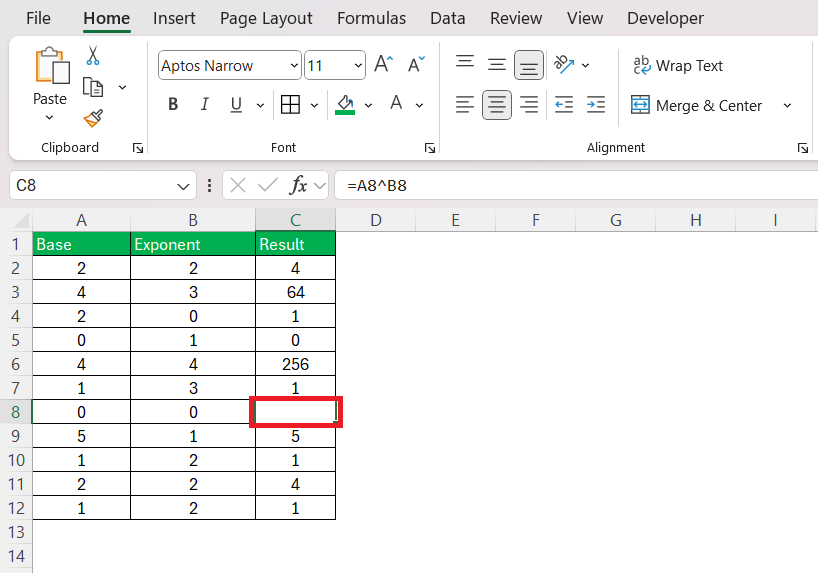 0 to Power of 0 Excel