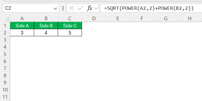 Pythagorean Theorem in Excel