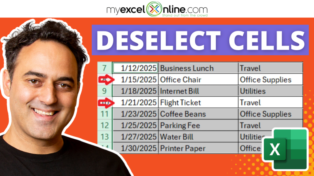 Deselect cells in excel