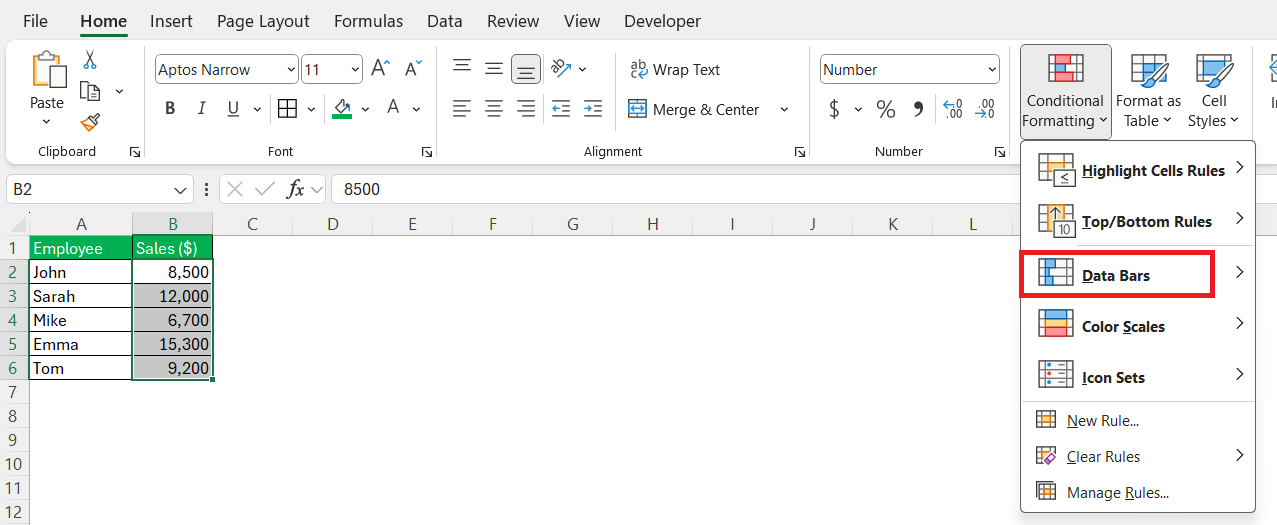 Define Data Bars in Excel