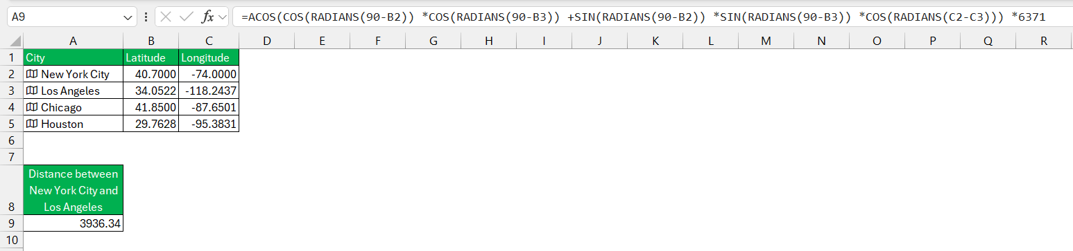 Distance Between Two Cities in Excel