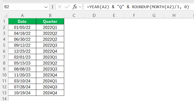 Convert Year to Quarter in Excel