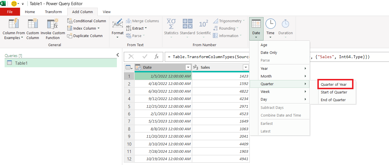 Convert Year to Quarter in Excel