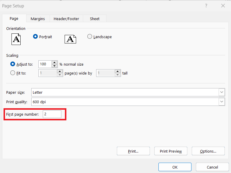 How to Start Page Number at 2 in Excel