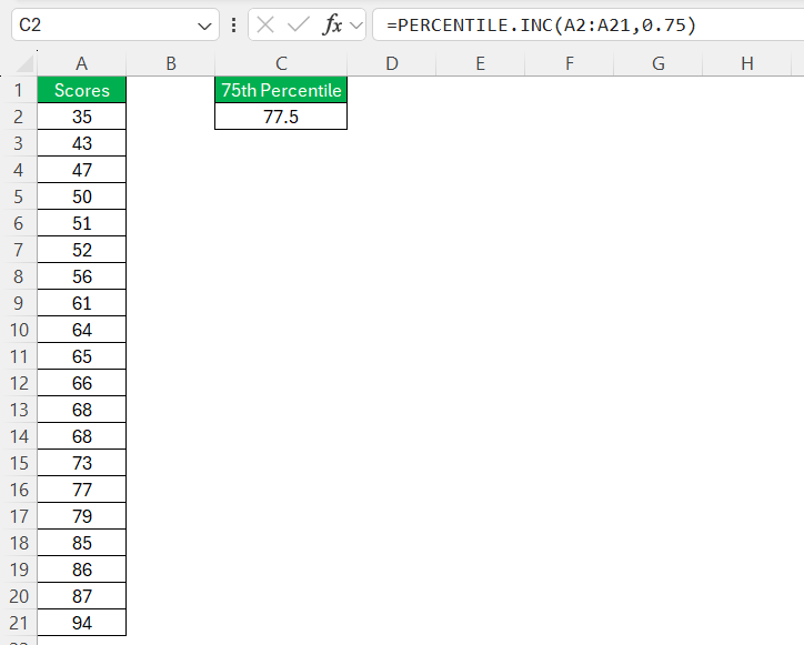 75th Percentile in Excel