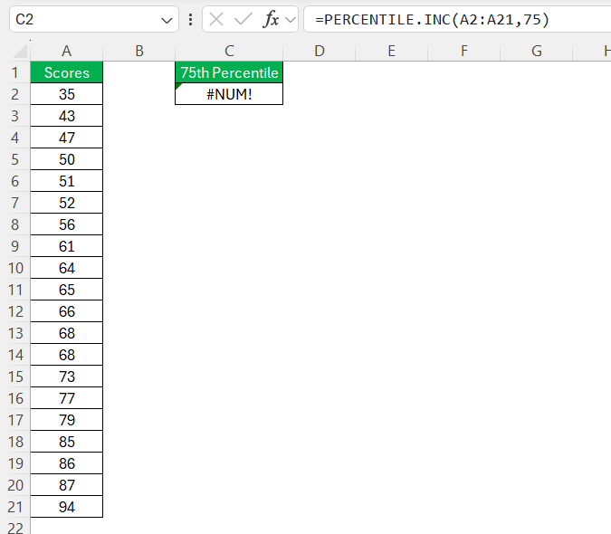 75th Percentile in Excel