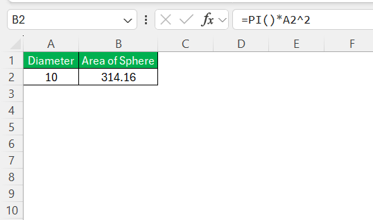 Surface Area of Sphere in Excel