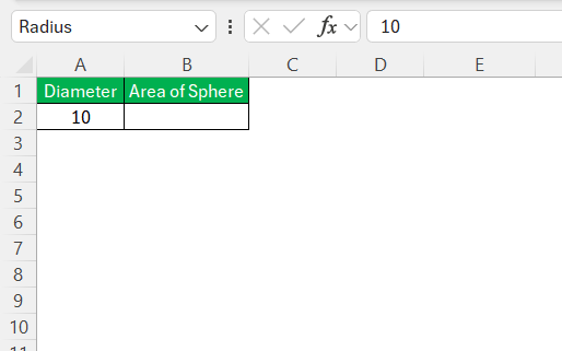 Surface Area of Sphere in Excel