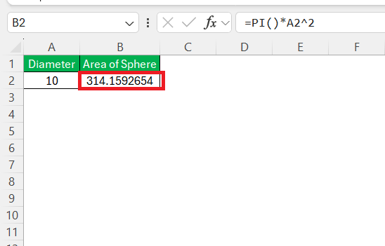 Surface Area of Sphere in Excel