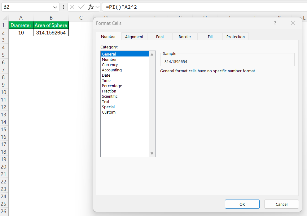 Surface Area of Sphere in Excel