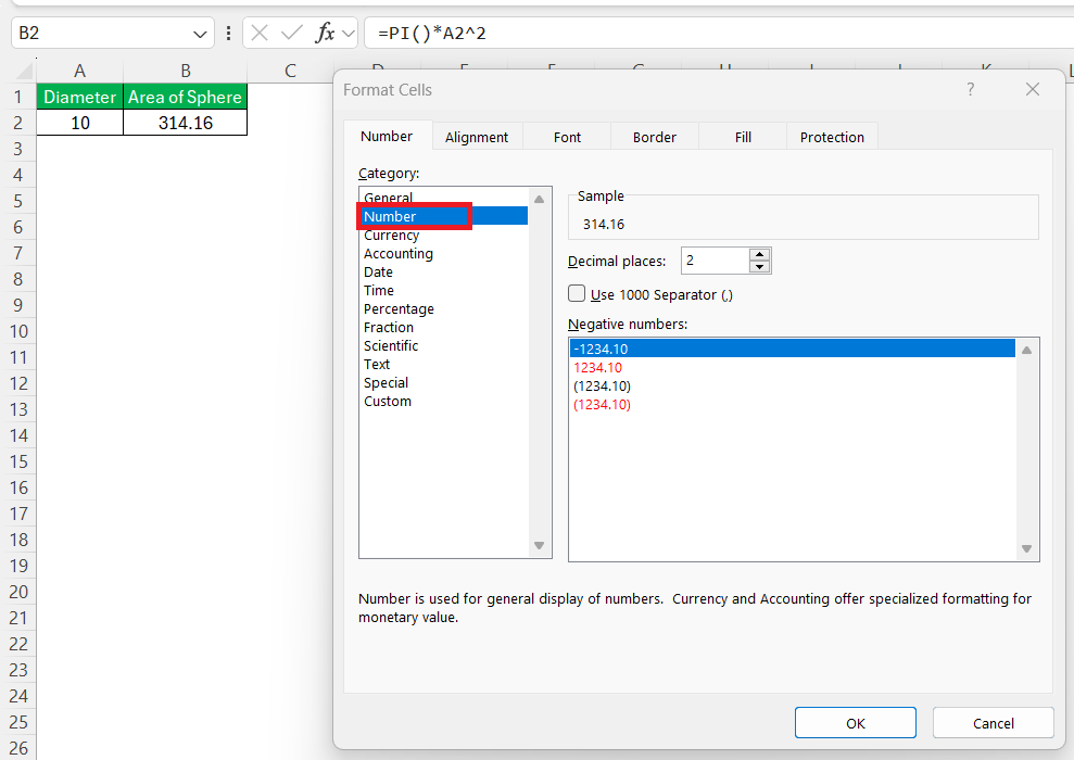 Surface Area of Sphere in Excel