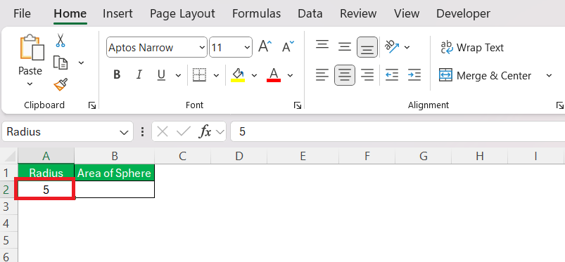 Surface Area of Sphere in Excel