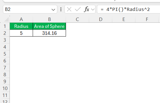 Surface Area of Sphere in Excel