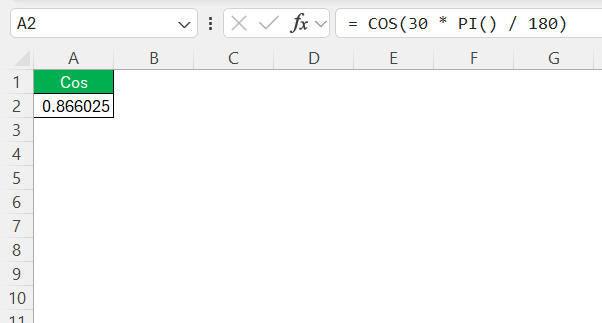 Cosine Function in Excel