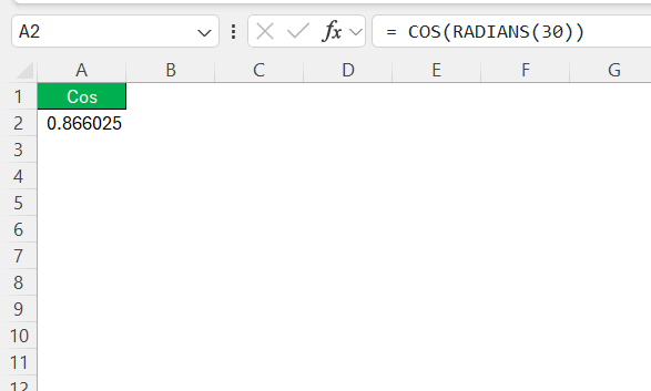 Cosine Function in Excel