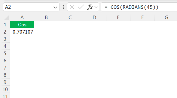 Cosine Function in Excel