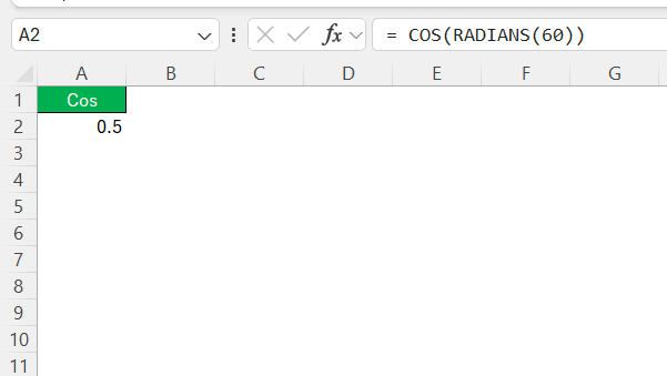 Cosine Function in Excel