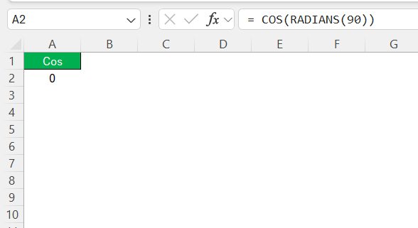 Cosine Function in Excel