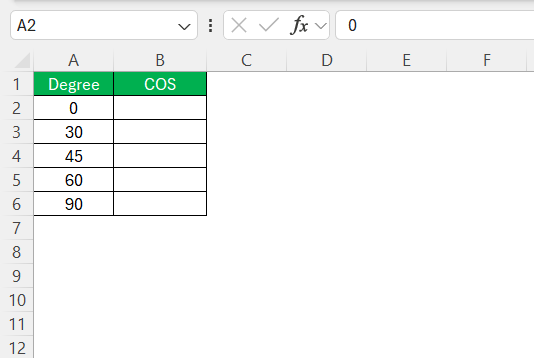 Cosine Function in Excel