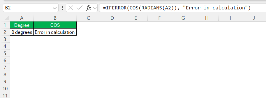 Cosine Function in Excel